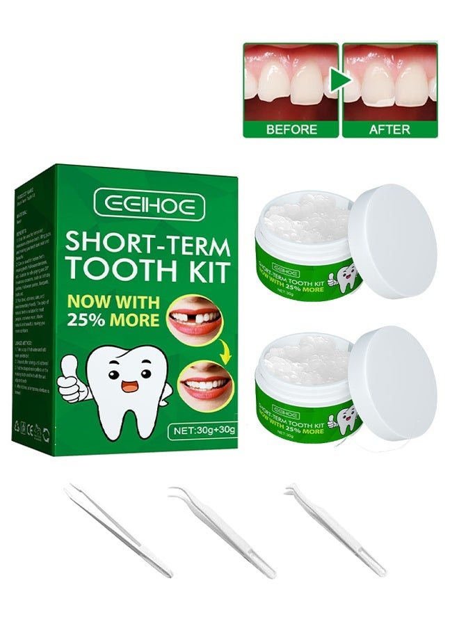 EELHOE Short Term Tooth Kit 30g+30g, Temporary Denture Replacement Bead Set with 3 Pieces Dental Tweezers Tools, for Temporary Repair of Missing and Broken Teeth Replacement Dentures - Image 1